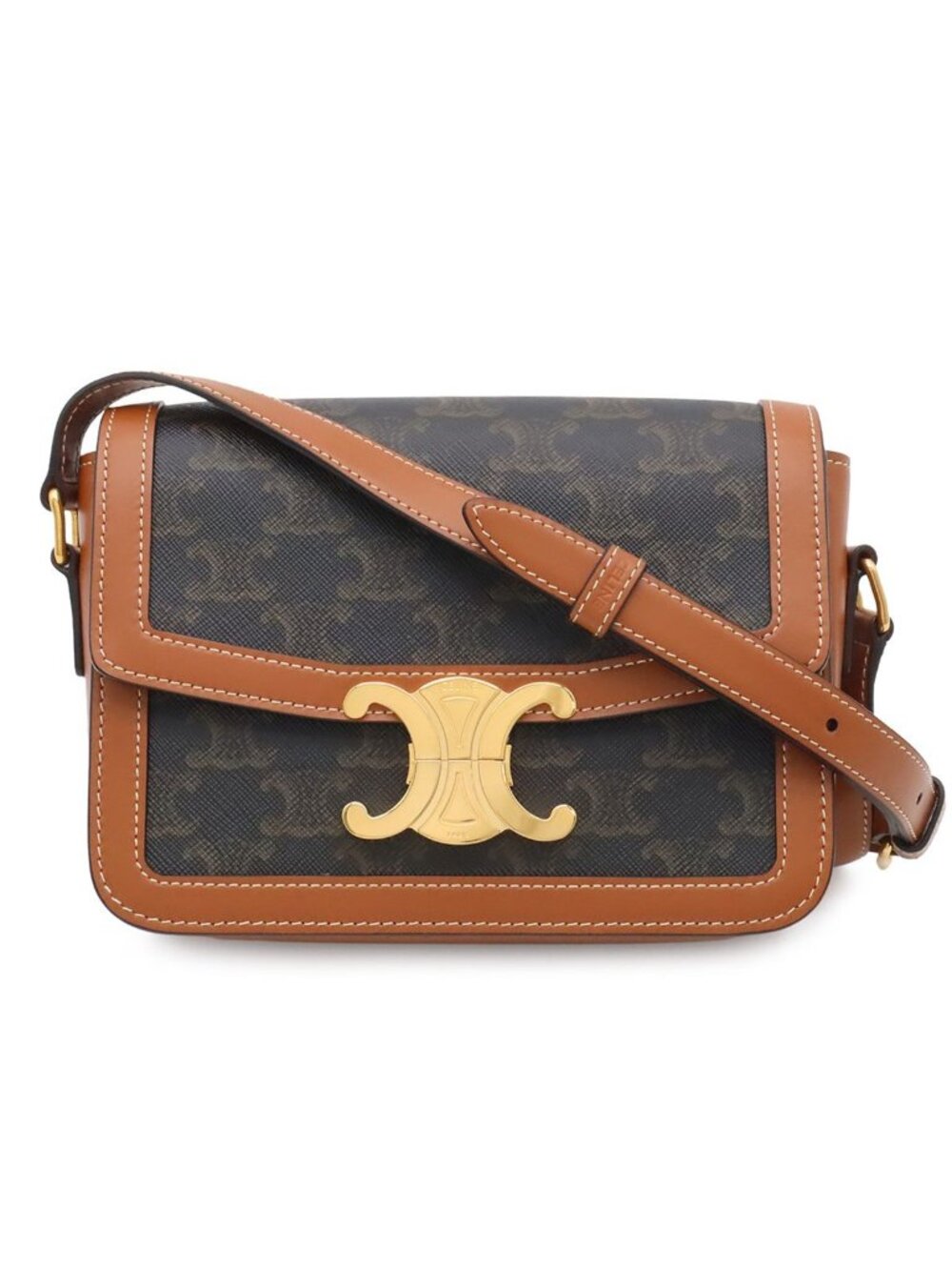 Celine Teen Triomphe Pochette Shoulder Bag Crossbody Canvas Calfskin Tan Brown